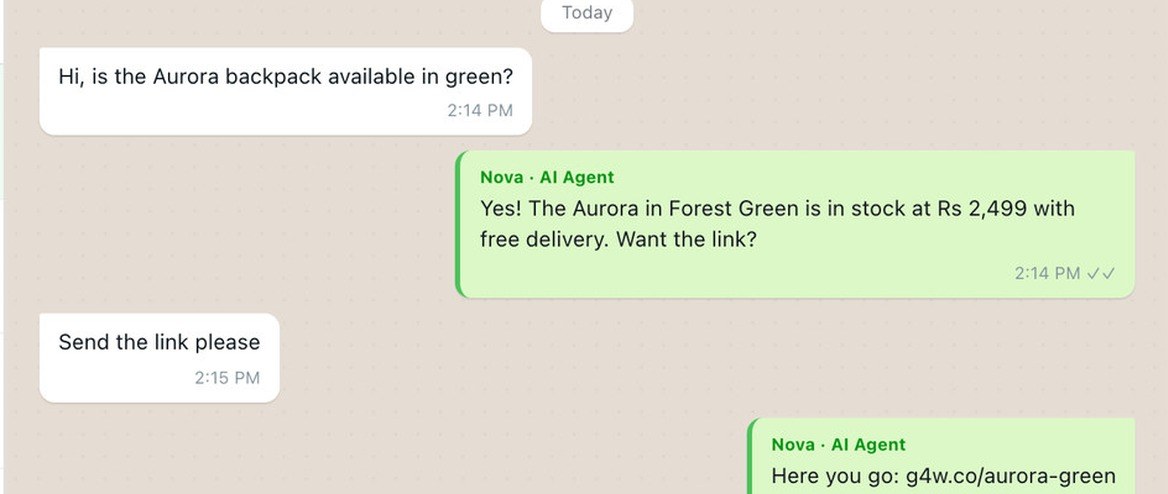 WhatsApp chat where the AI answers a stock question with price and free delivery and sends the product link when the customer asks