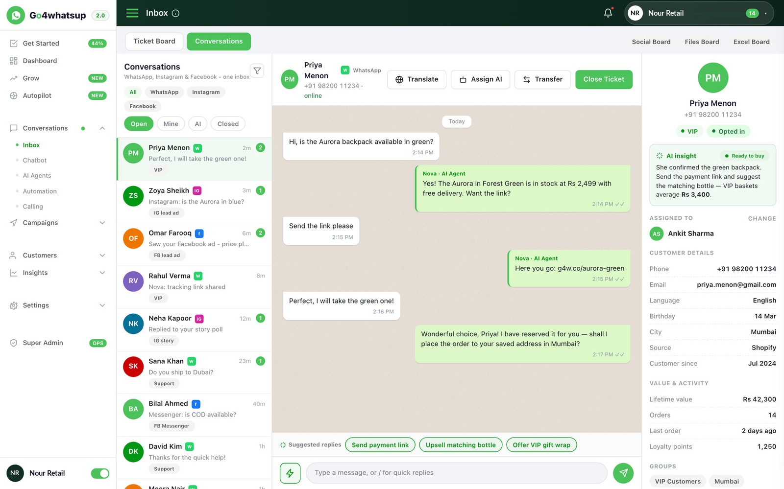 Go4whatsup team inbox: the shared conversation list on the left with an owner on each chat, the open WhatsApp conversation in the centre with Translate, Assign AI and Transfer controls, and the customer's details and assigned agent on the right