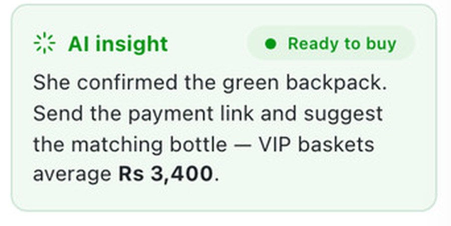 Go4whatsup AI insight card marked Ready to buy, telling the rep the customer confirmed the product and to send the payment link and suggest the matching item