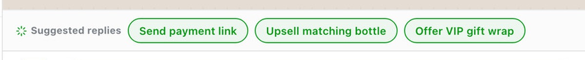 AI suggested replies above the agent's keyboard: Send payment link, Upsell matching bottle, Offer VIP gift wrap