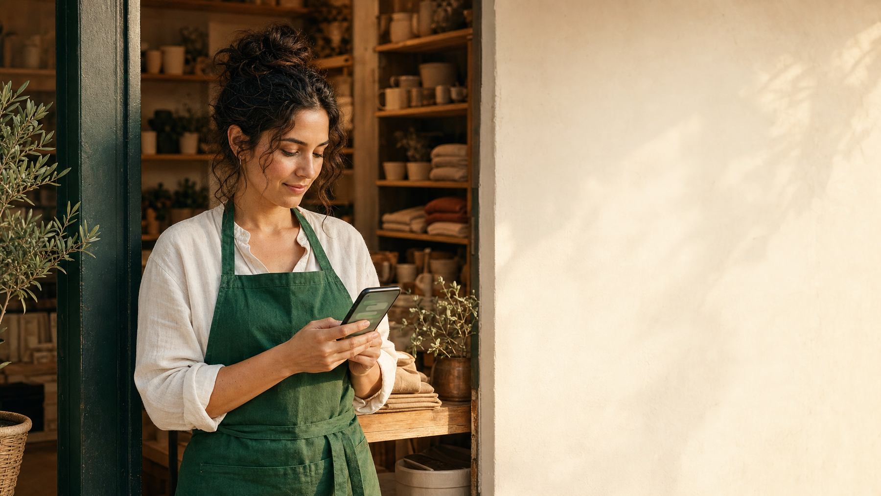Saudi restaurant owner receiving MADA payment on WhatsApp — warm golden hour interior with Arabic coffee dallah, honey oak table, deep green ambient glow from phone screen