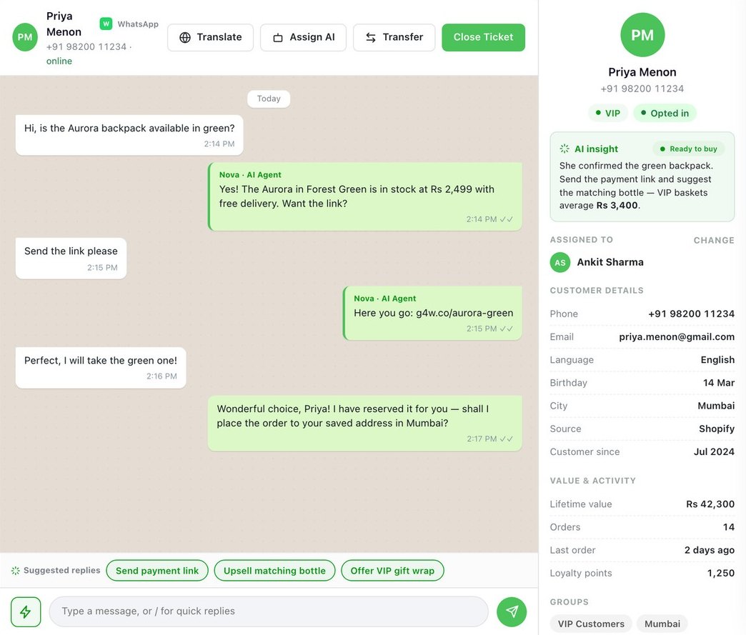 WhatsApp conversation in Go4whatsup with AI agent replies and three suggested replies: send payment link, upsell matching bottle, offer VIP gift wrap