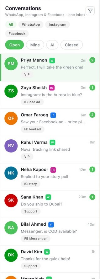 Go4whatsup lead list with each conversation tagged by source: Instagram lead ad, Facebook lead ad, VIP, Support