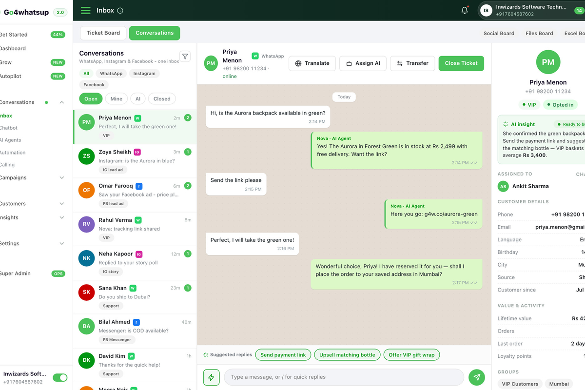 Go4whatsup shared team inbox — multiple agents on one WhatsApp number, live customer chats routed to the right rep