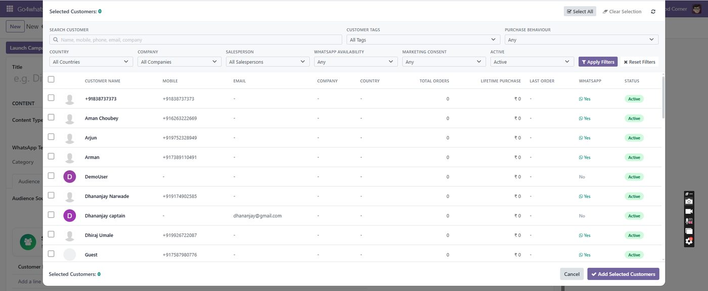 Go4whatsup for Odoo — Audience selector