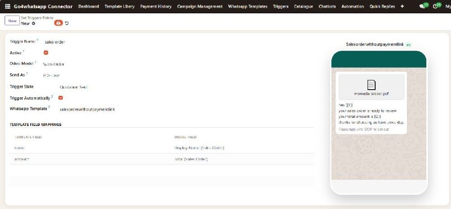 Go4whatsup trigger setup in Odoo: trigger name, Odoo model Sales Order, trigger state Quotation Sent, WhatsApp template and field mapping, with the message preview on a phone