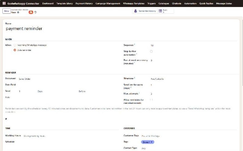 Go4whatsup payment reminder rule in Odoo: date reminder on a sales order, days before, working hours, max attempts and customer tags