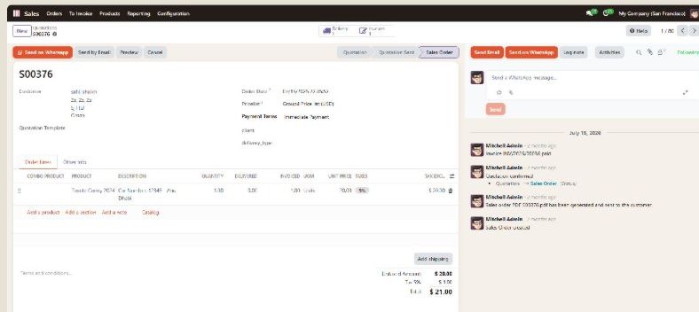 Odoo sales order S00376 with the Send on WhatsApp button and the WhatsApp message logged in the chatter