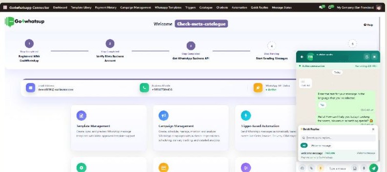 Go4whatsup live chat inside Odoo: a WhatsApp conversation panel with the active-conversation timer, the chat history and the quick-replies picker open over the Go4whatsup dashboard