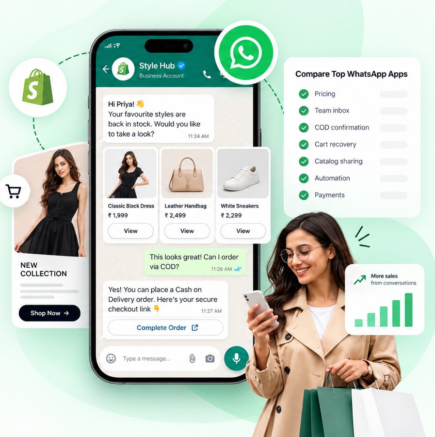 A Shopify store on WhatsApp: product cards in the chat, a shopper asking to order by cash on delivery and a checkout link, beside a checklist of what to compare in WhatsApp apps