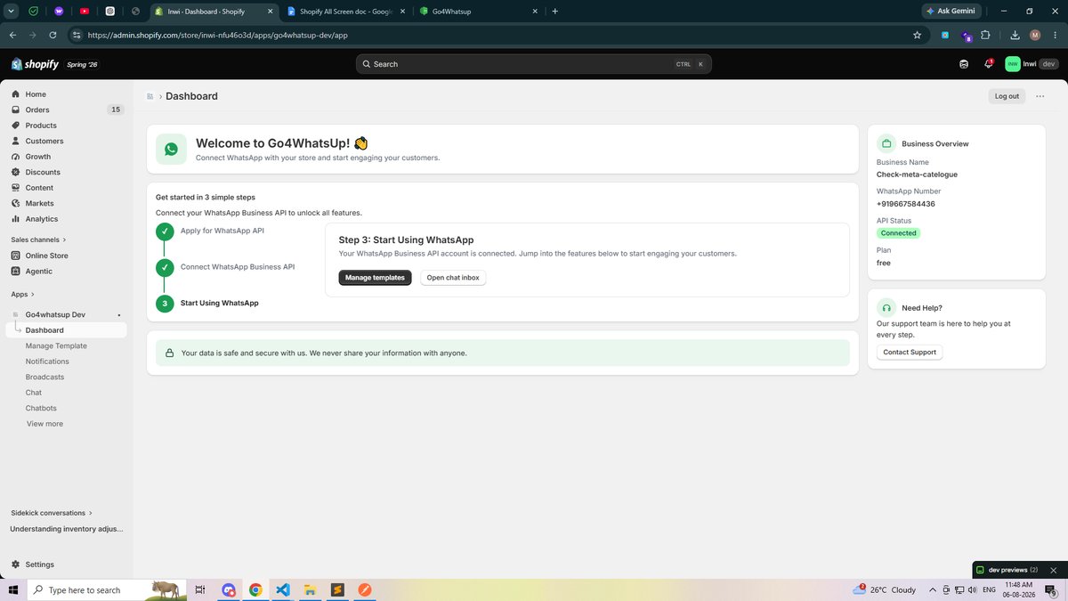 Go4whatsup Shopify WhatsApp commerce dashboard with campaigns, orders, chats, and revenue attribution