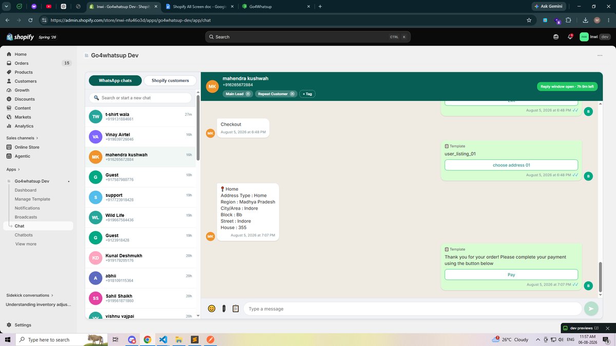 Unified WhatsApp inbox for Shopify support with customer order context