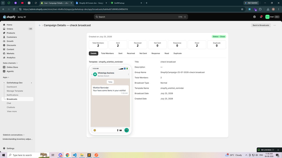WhatsApp broadcast detail report for Shopify campaigns