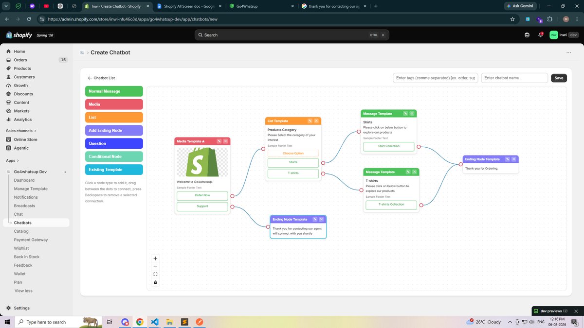 Visual WhatsApp chatbot builder for Shopify with drag-and-drop flow nodes