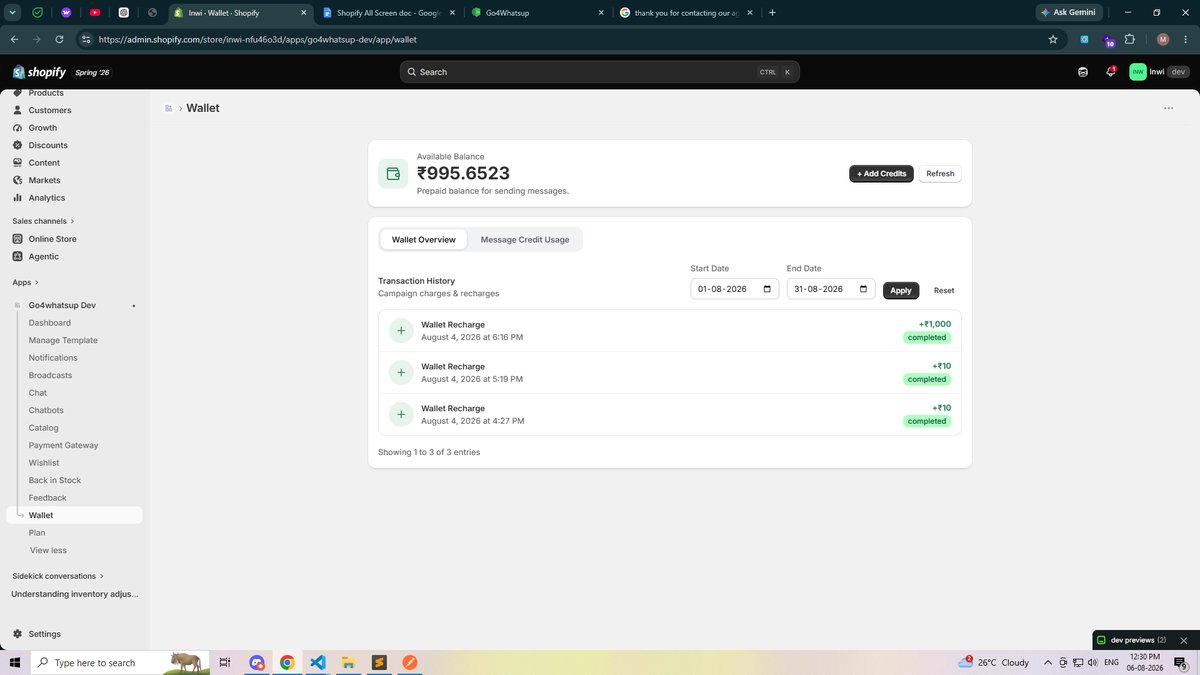 Customer wallet balance inside WhatsApp for Shopify loyalty and store credit