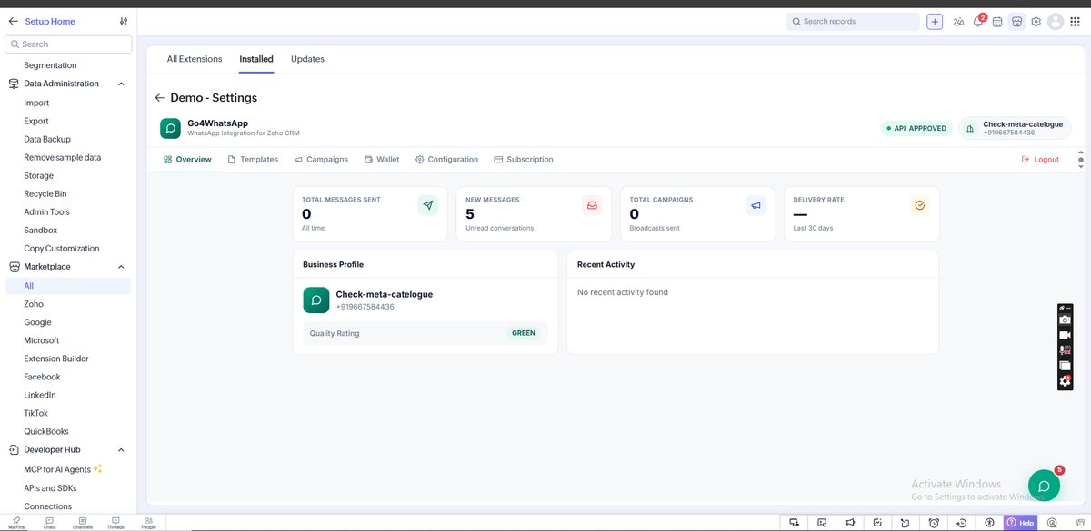 Message Templates list inside Zoho with Approved and Rejected status badges