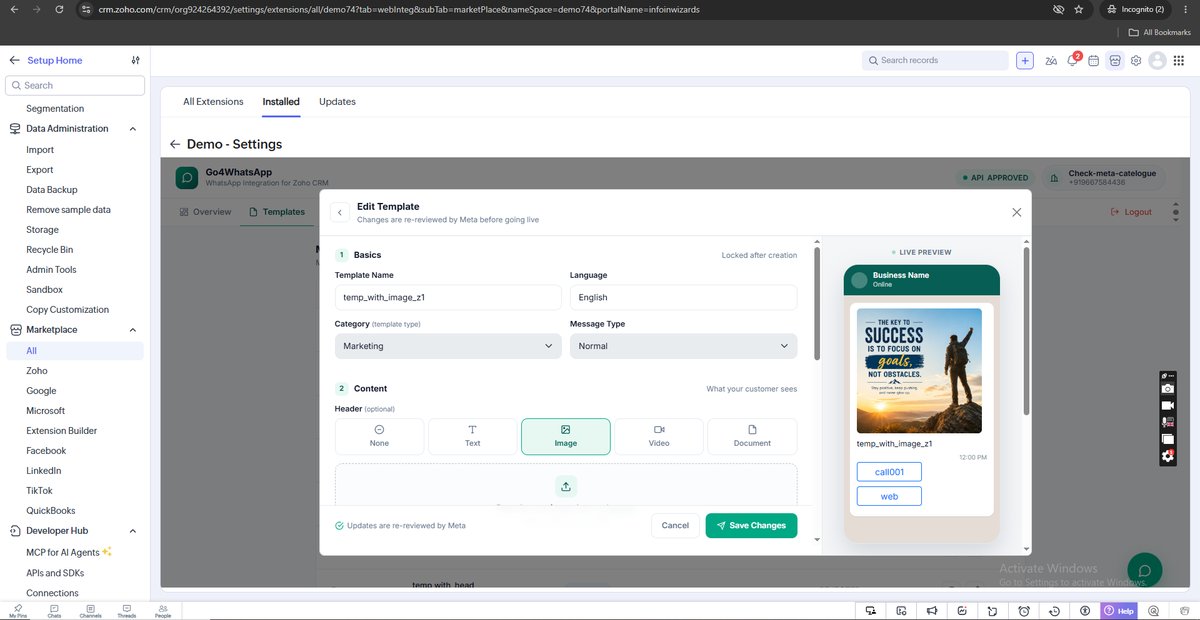 WhatsApp template editor inside Zoho CRM with live preview showing image header, body and interactive buttons