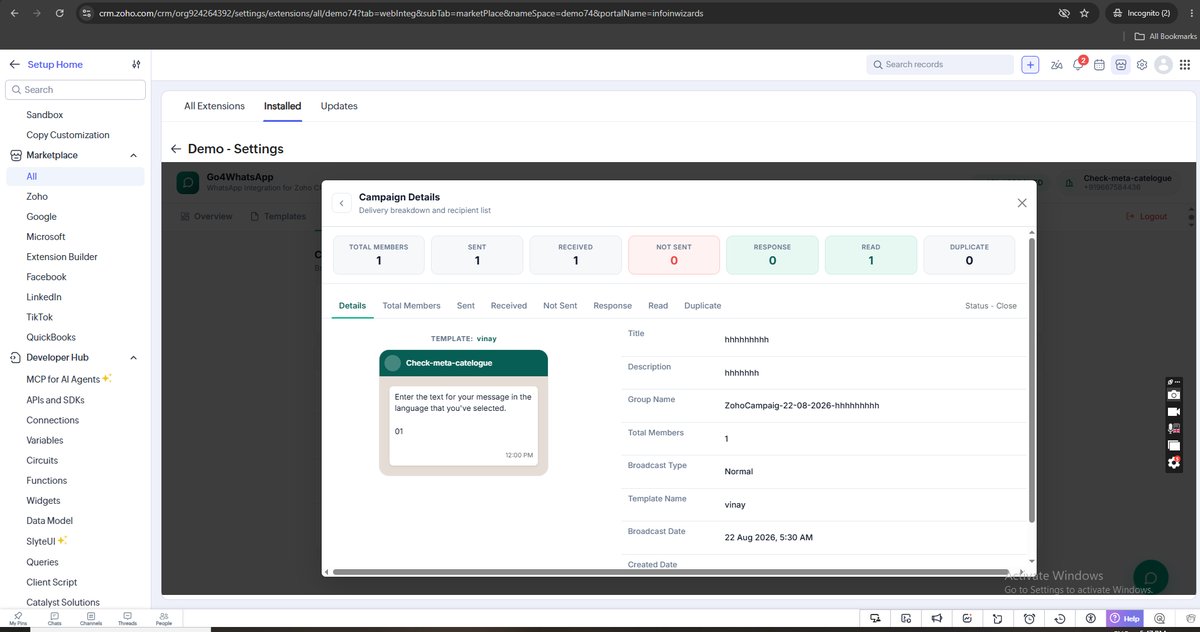 Campaign Details Details tab showing template preview and broadcast metadata inside Zoho