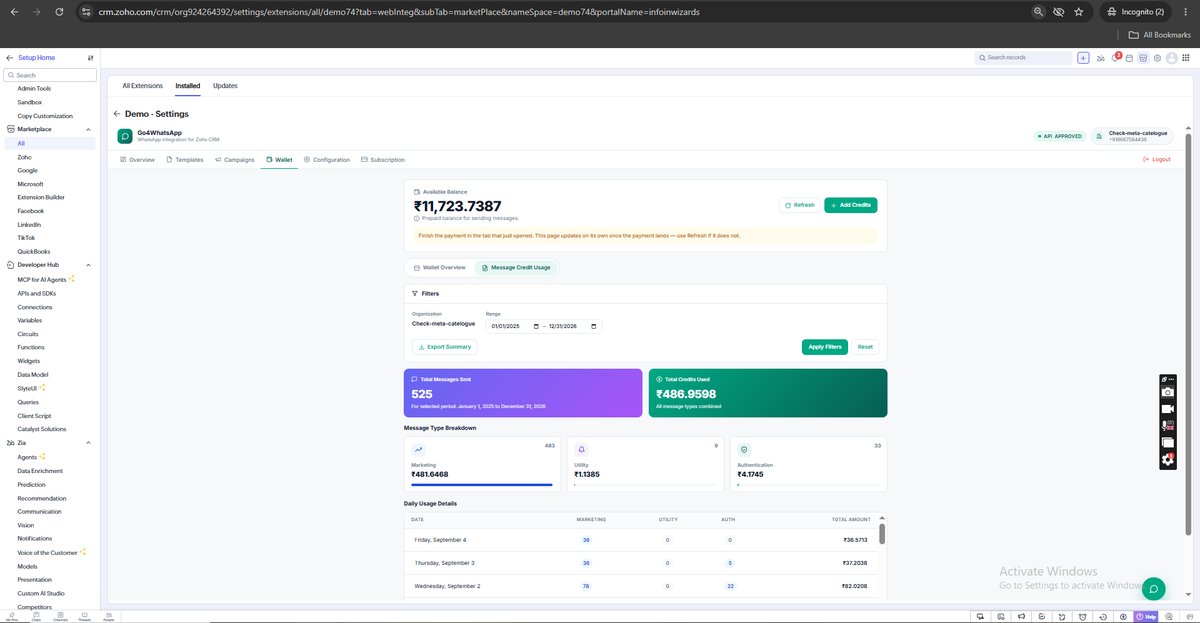Prepaid message credit wallet inside Zoho with Marketing, Utility and Authentication breakdown