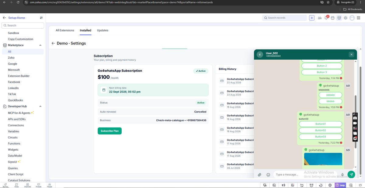 Go4WhatsApp Subscription tab inside Zoho with plan, billing history and auto-renewal state