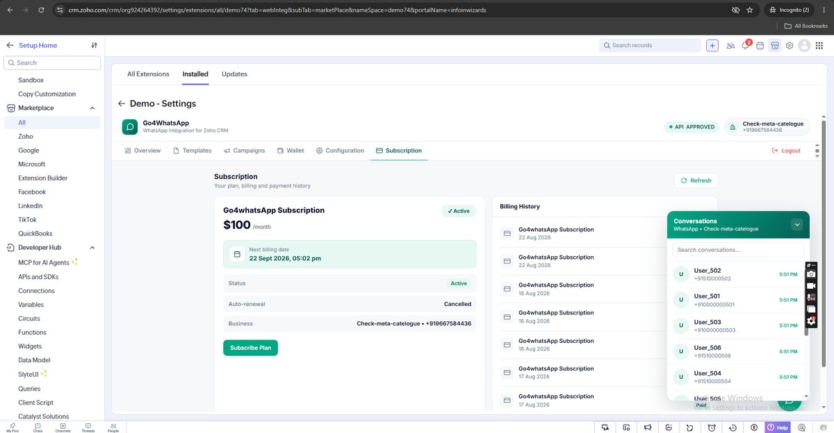 Live WhatsApp chat widget floating on Zoho CRM screen with interactive button templates