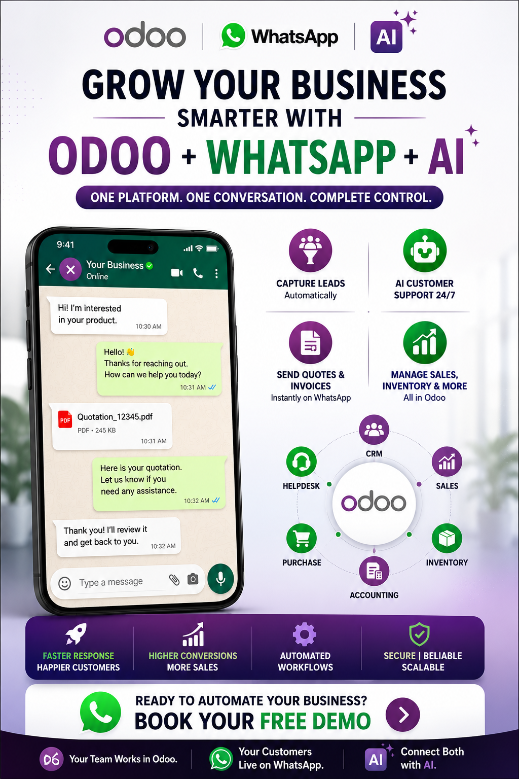 Bulk WhatsApp campaigns sent from Odoo segments with Meta-approved templates and replies returning to the Odoo chatter