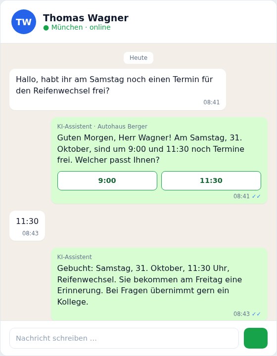 WhatsApp-Bot einer Autowerkstatt bucht einen Reifenwechsel-Termin am Samstag um 11:30 mit Auswahl-Buttons