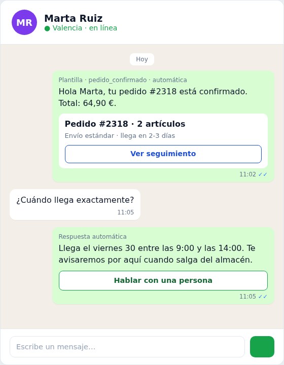 Confirmación automática de pedido en WhatsApp con enlace de seguimiento y respuesta automática a la pregunta del cliente