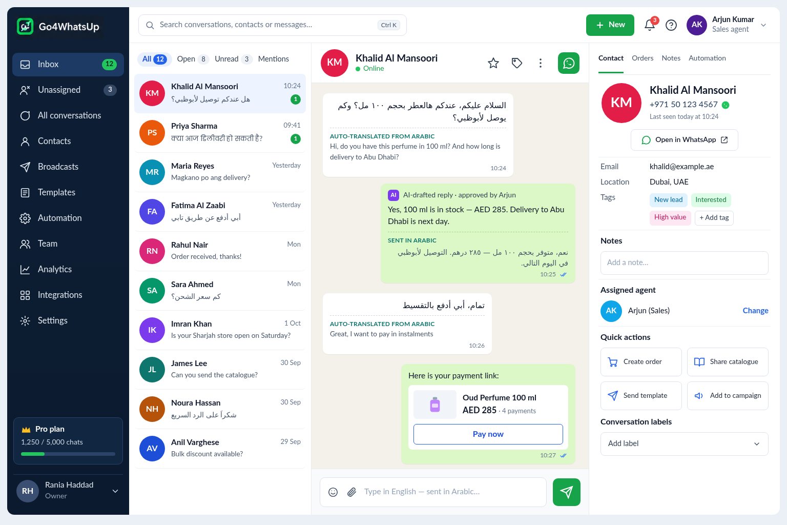 Go4whatsup inbox: an Arabic message from a UAE customer translated into English and the agent's reply sent back in Arabic