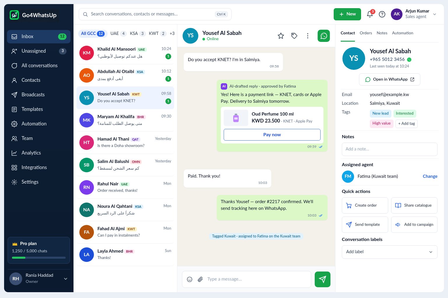 Go4whatsup inbox with chats from Bahrain and other GCC countries, each tagged by country and assigned to the right team
