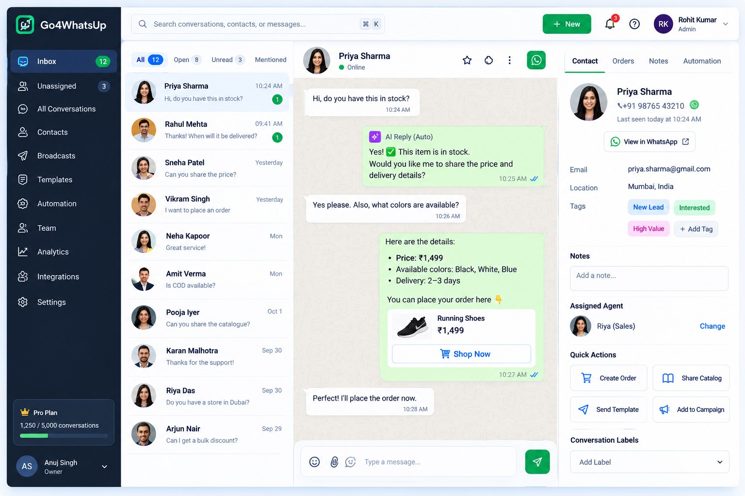 Go4whatsup on the WhatsApp Business API: a shared team inbox with twelve customer chats, an AI auto-reply answering a stock question with price and delivery, a product card with Shop Now, and the customer's profile, tags and assigned agent on the right