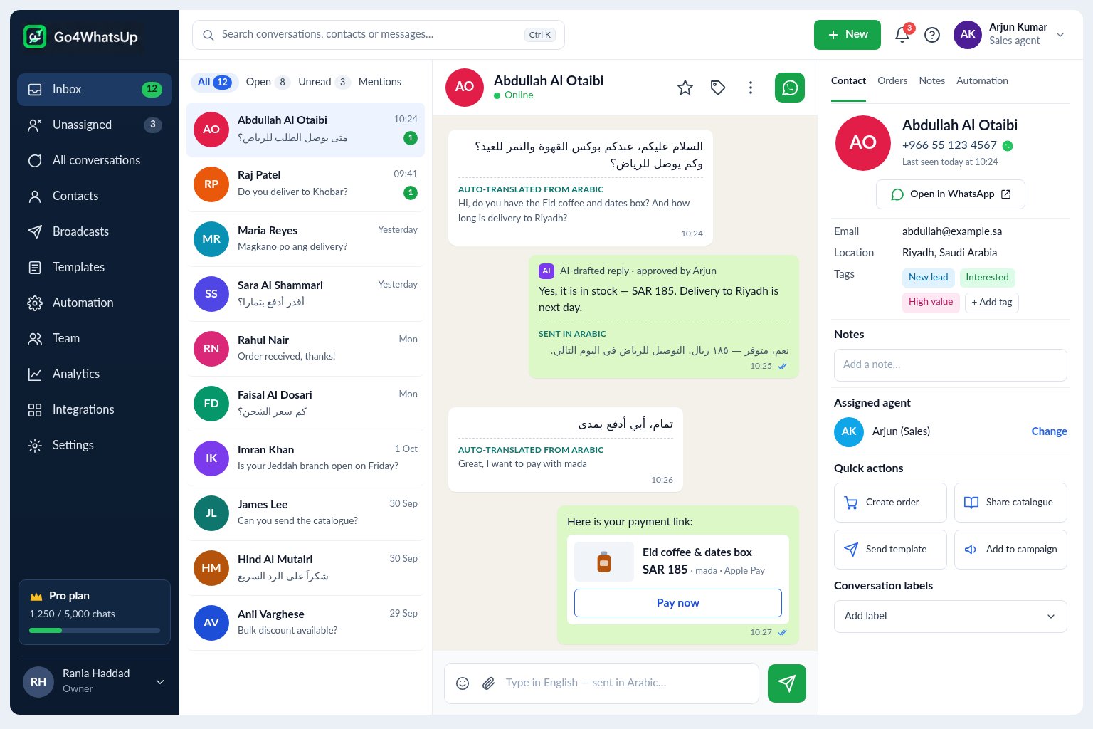 Go4whatsup inbox for a Saudi business: an Arabic message translated for the agent and a SAR mada and Apple Pay payment link sent in the chat